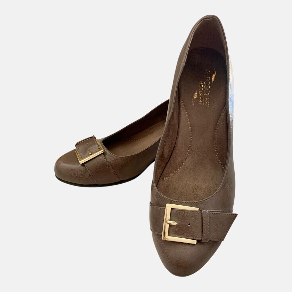 Aerosoles Women's Wedges SZ 9.5 Brown Taupe Gold Buckle Closed Toe Heel Rest
